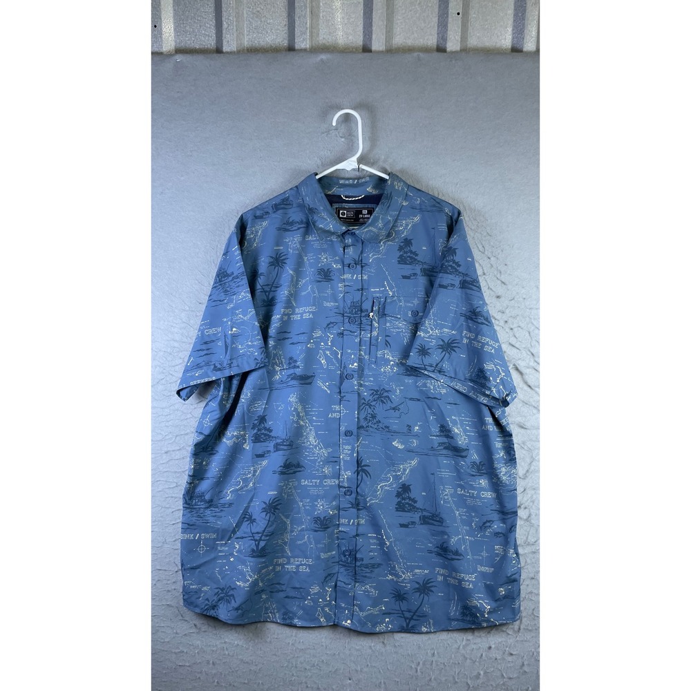 Salty Crew Button Up Shirt Mens 2XL Blue Excellent Nautical Map Tropical Fish